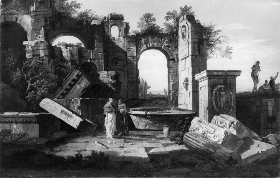 Capriccio con rovine e fontana
